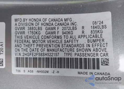 2025 Honda Civic Sport from USA, damaged, VIN 2HGFE2F58SH522157